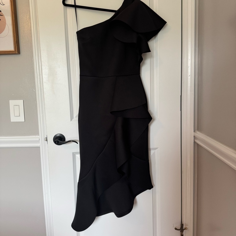 ASOS True Violet Elegant Black One-Shoulder Ruffle Midi Size 10 Dress - Picture 5 of 12